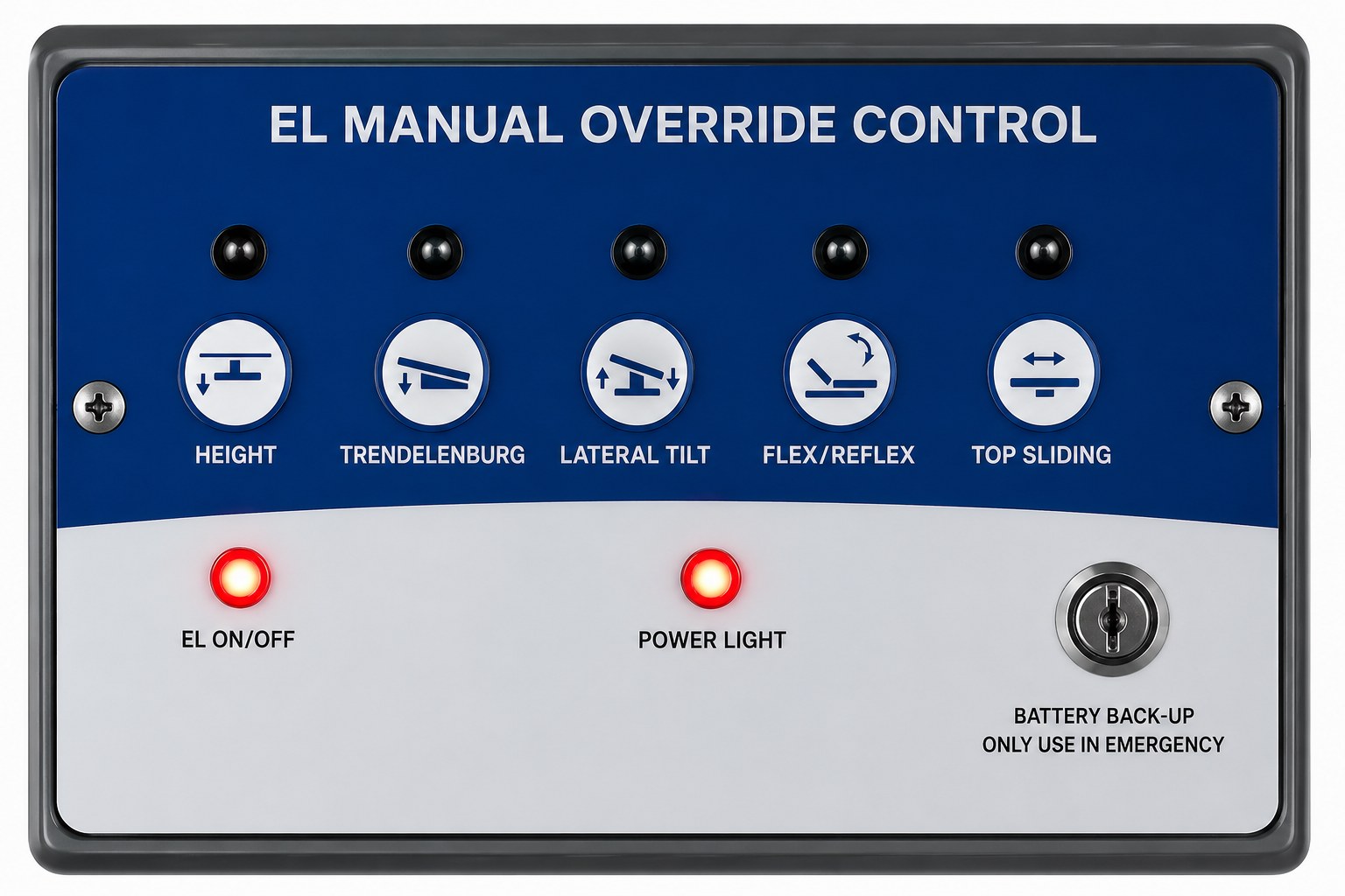 Manufacturer close-up of a Healex operating-table override control