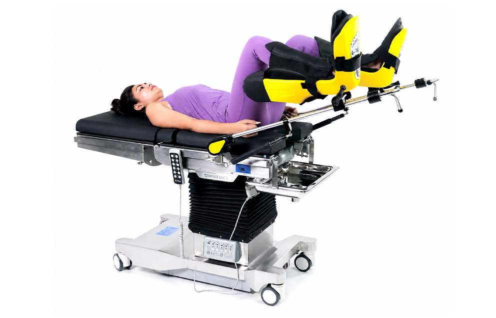 Allen Stirrups supporting elevated legs on an operating table